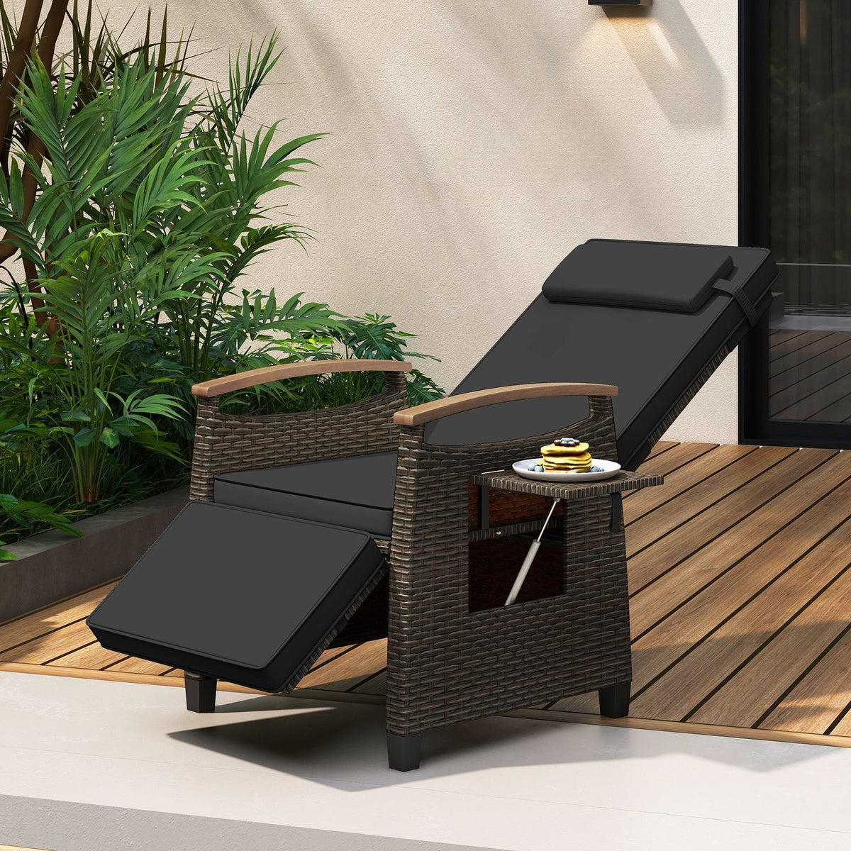 Wicker Recliner with 150 Degree Backrest, Footrest and Flip Up Side Table, Black