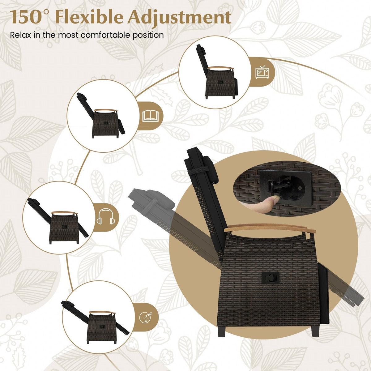 Wicker Recliner with 150 Degree Backrest, Footrest and Flip Up Side Table, Black
