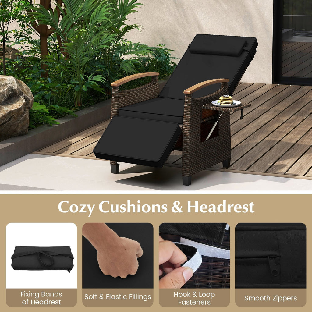Wicker Recliner with 150 Degree Backrest, Footrest and Flip Up Side Table, Black