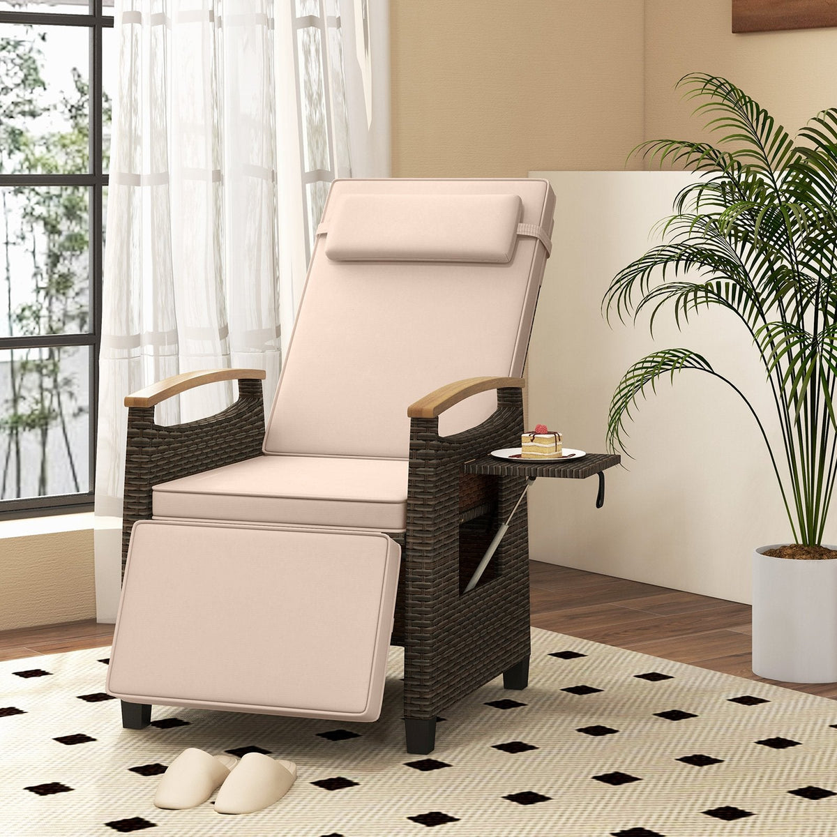Wicker Recliner with 150 Degree Adjustment and Cozy Footrest, Beige
