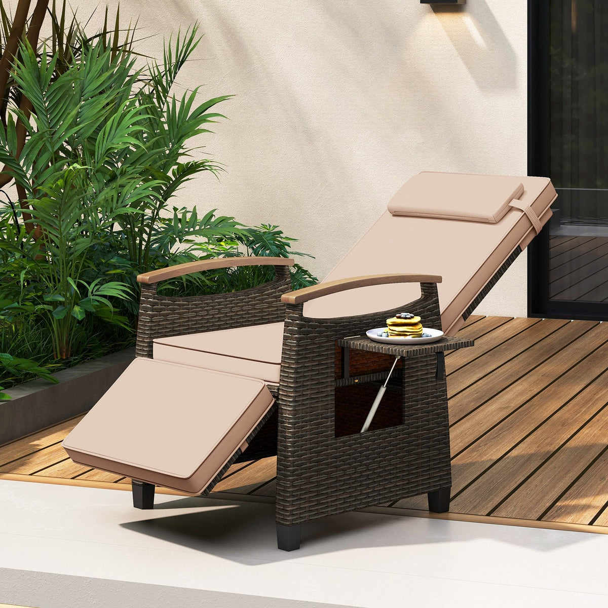 Wicker Recliner with 150 Degree Adjustment and Cozy Footrest, Beige