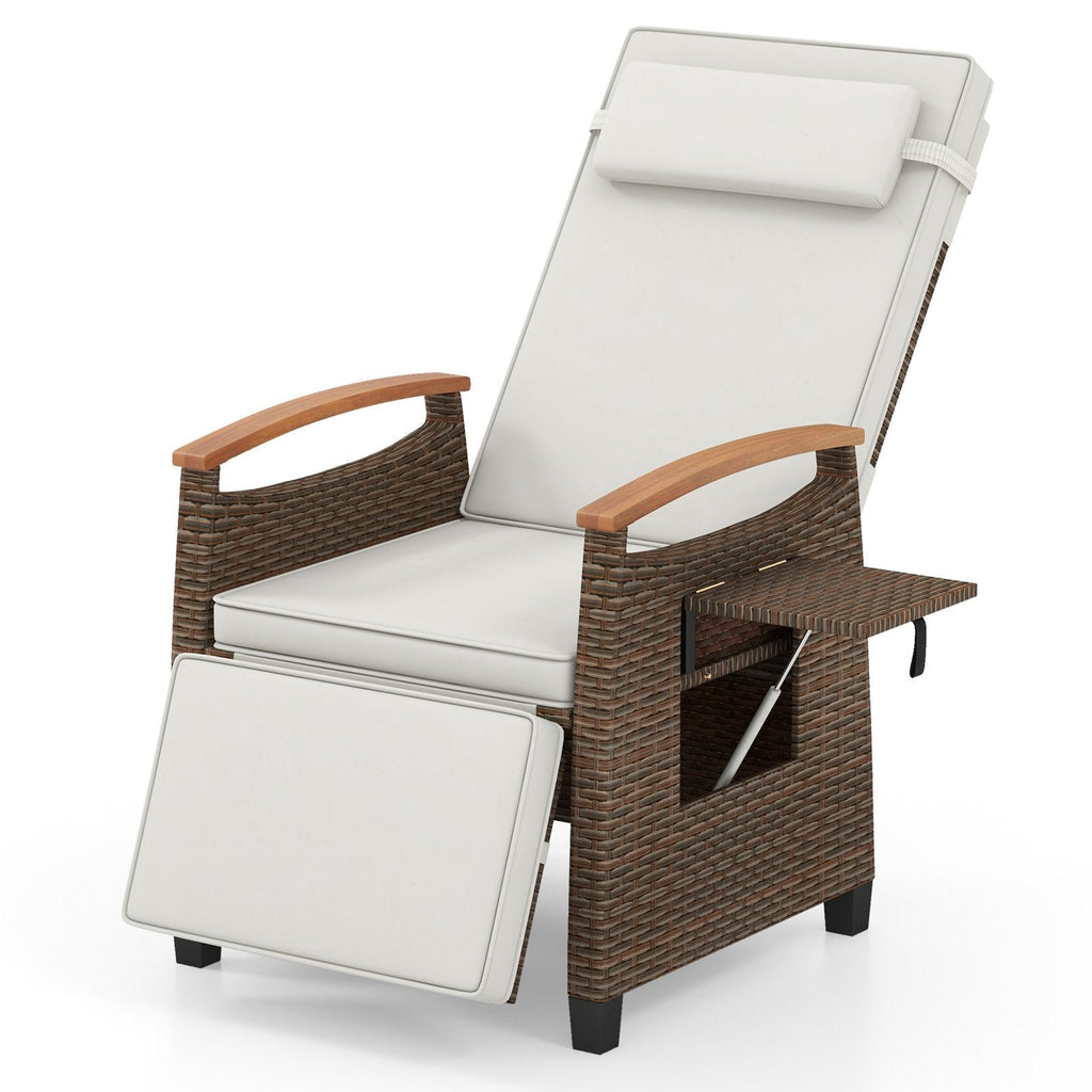 Wicker Recliner with Footrest, Acacia Armrests and Flip Up Table, Off White