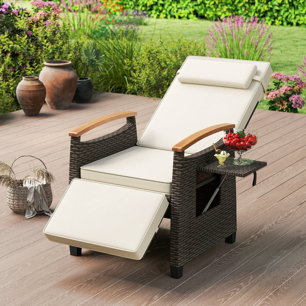 Wicker Recliner with Footrest, Acacia Armrests and Flip Up Table, Off White