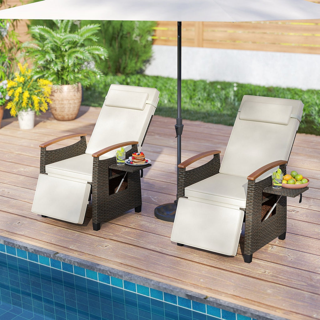 Wicker Recliner with Footrest, Acacia Armrests and Flip Up Table, Off White