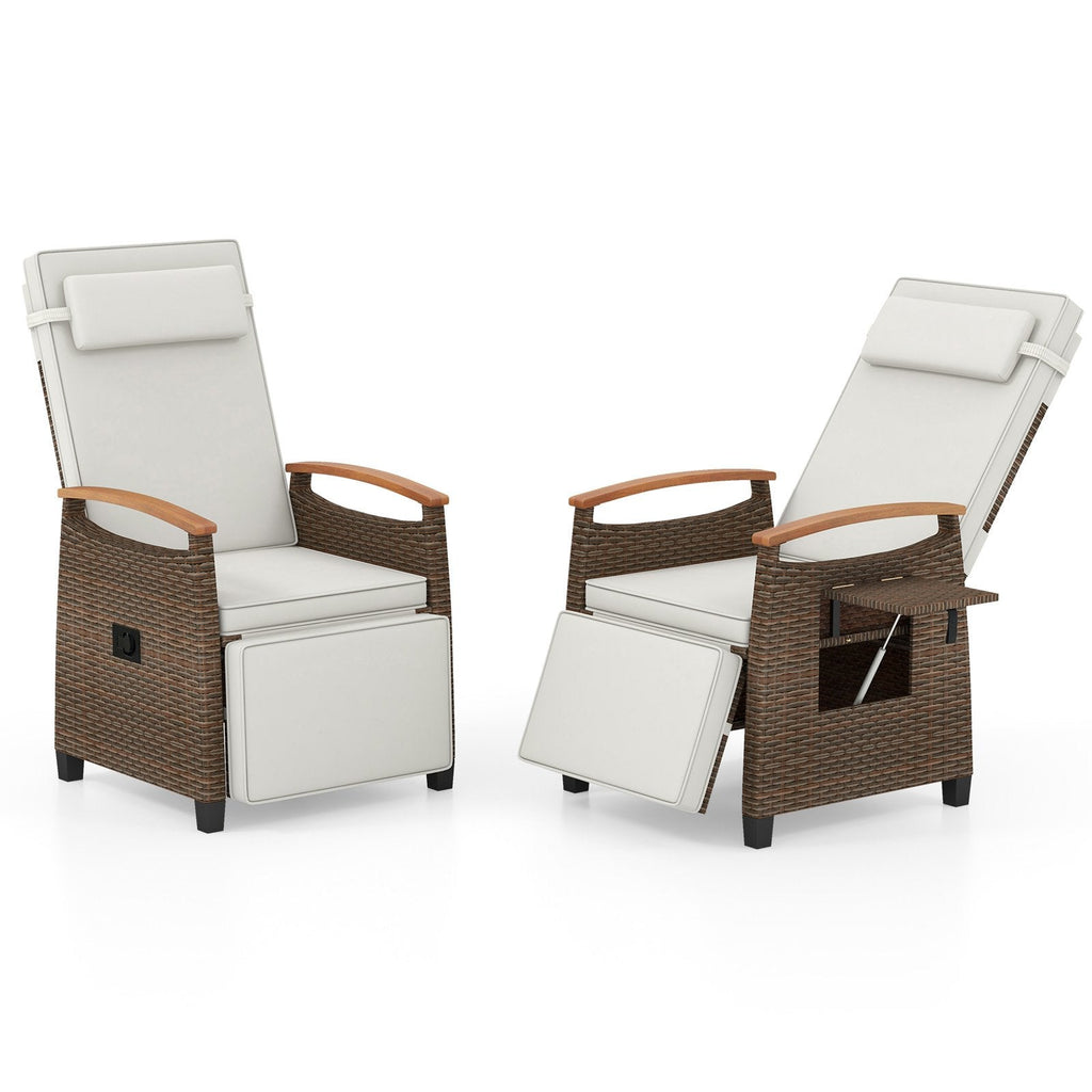 Wicker Recliner with Footrest, Acacia Armrests and Flip Up Table, Off White