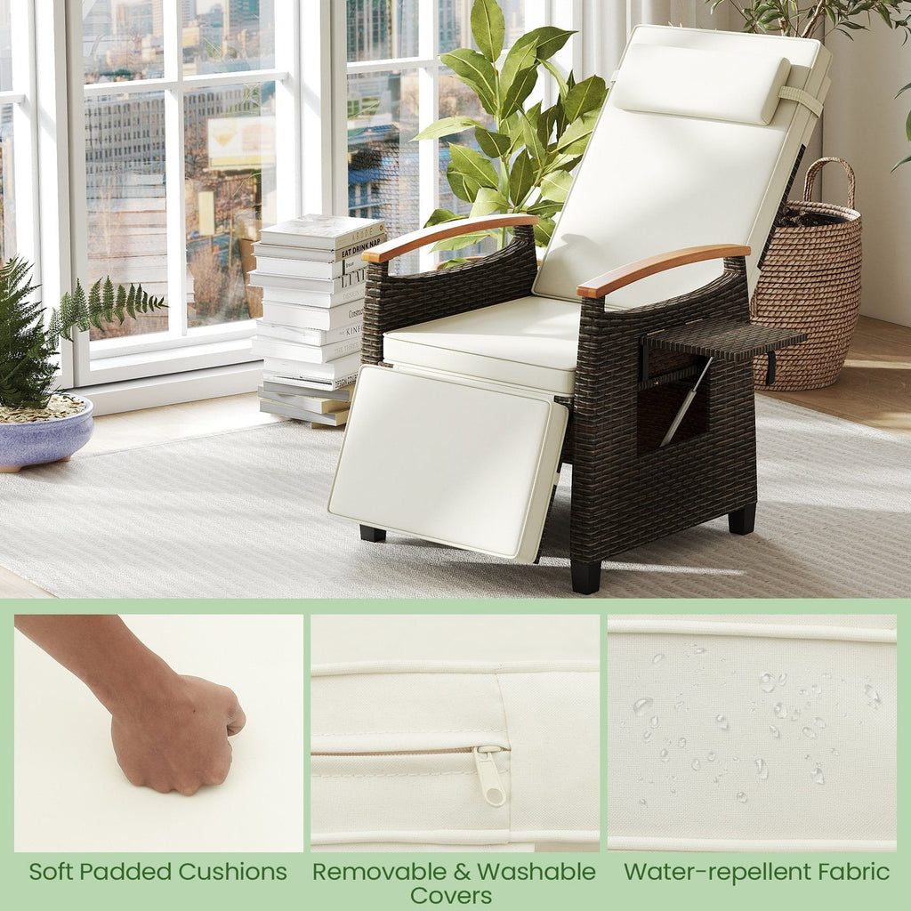 Wicker Recliner with Footrest, Acacia Armrests and Flip Up Table, Off White