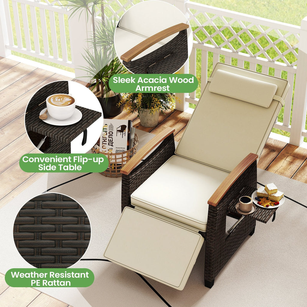 Wicker Recliner with Footrest, Acacia Armrests and Flip Up Table, Off White