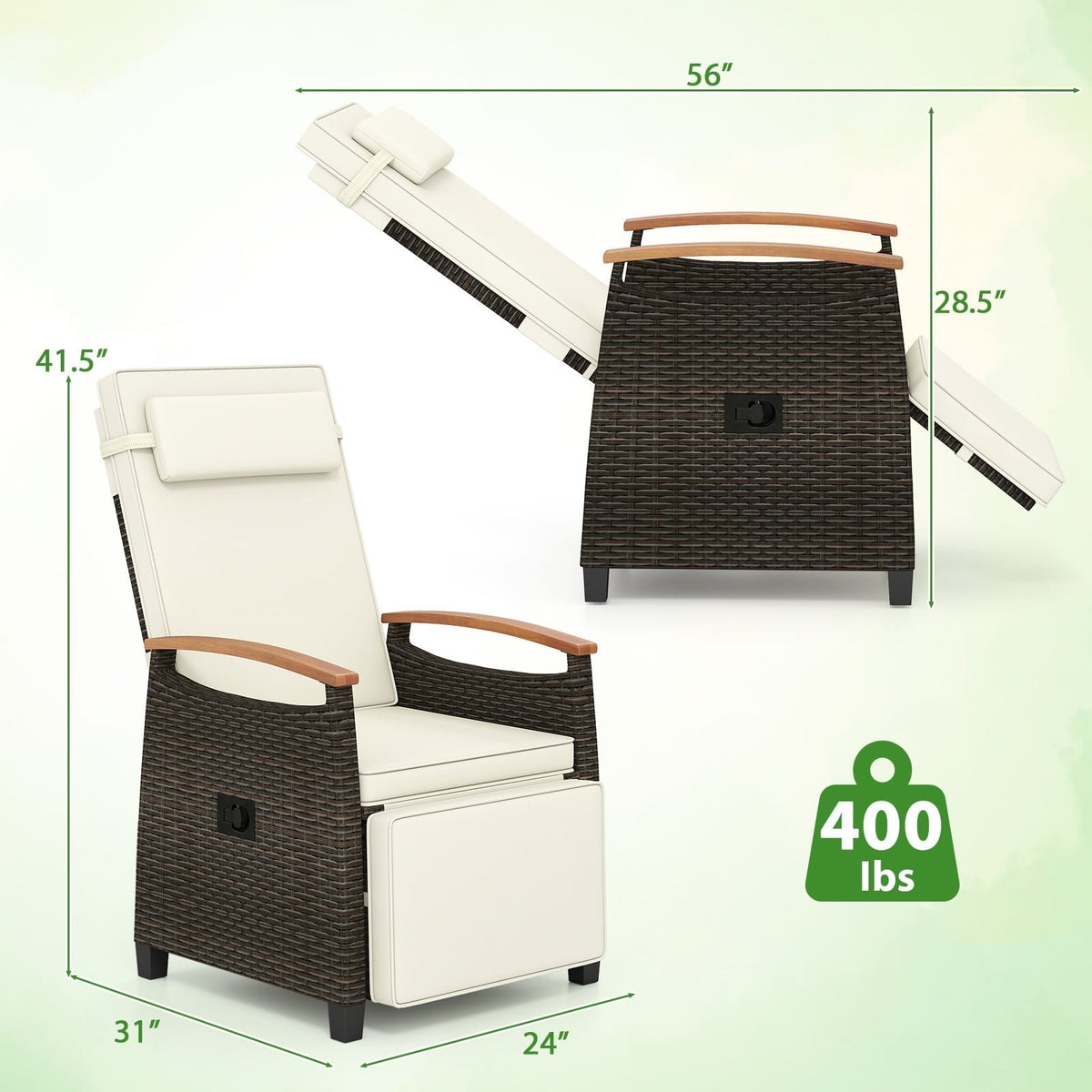 Wicker Recliner with Footrest, Acacia Armrests and Flip Up Table, Off White