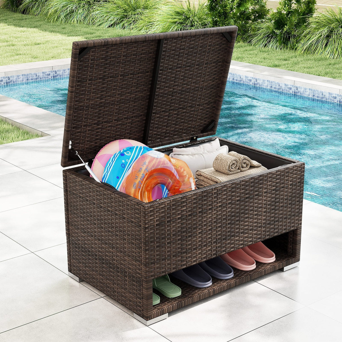 PE Rattan Storage Bin with Waterproof Liner for Patio Cushions