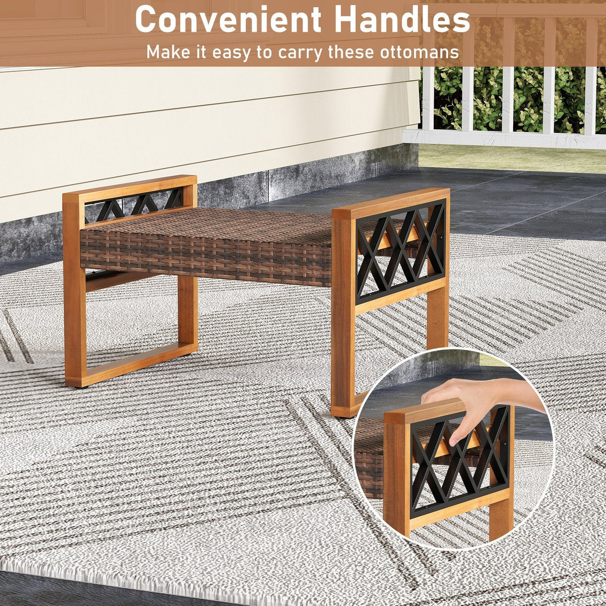 PE Rattan Wicker Ottomans Set of 2 with Removable Cushions-Beige