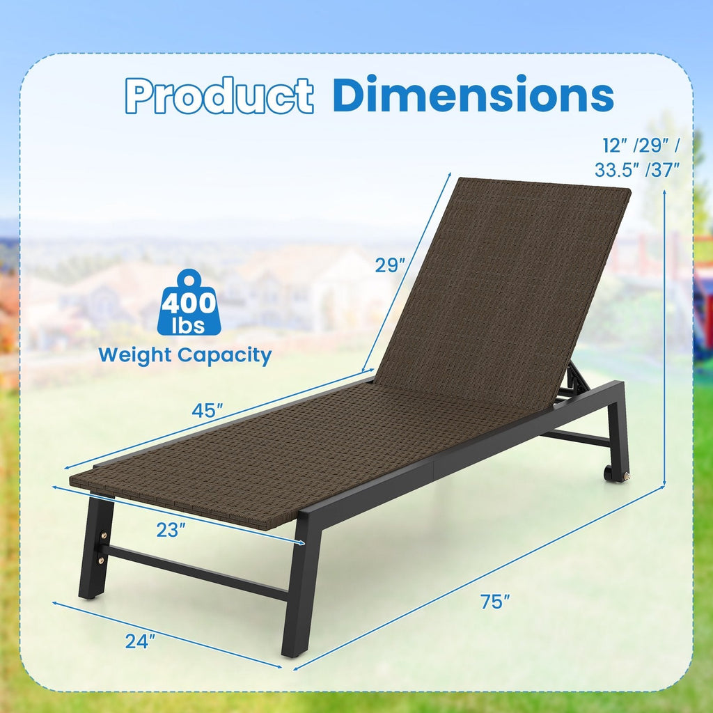 PE Wicker Chaise Lounge on Wheels with 4 Level Backrest, 400 lb Capacity