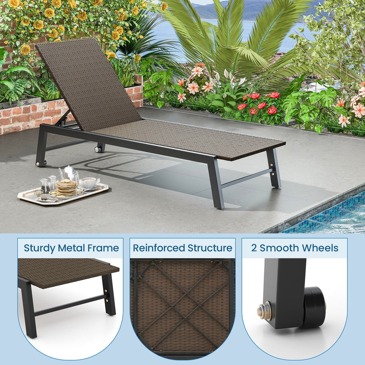 PE Wicker Chaise Lounge on Wheels with 4 Level Backrest, 400 lb Capacity