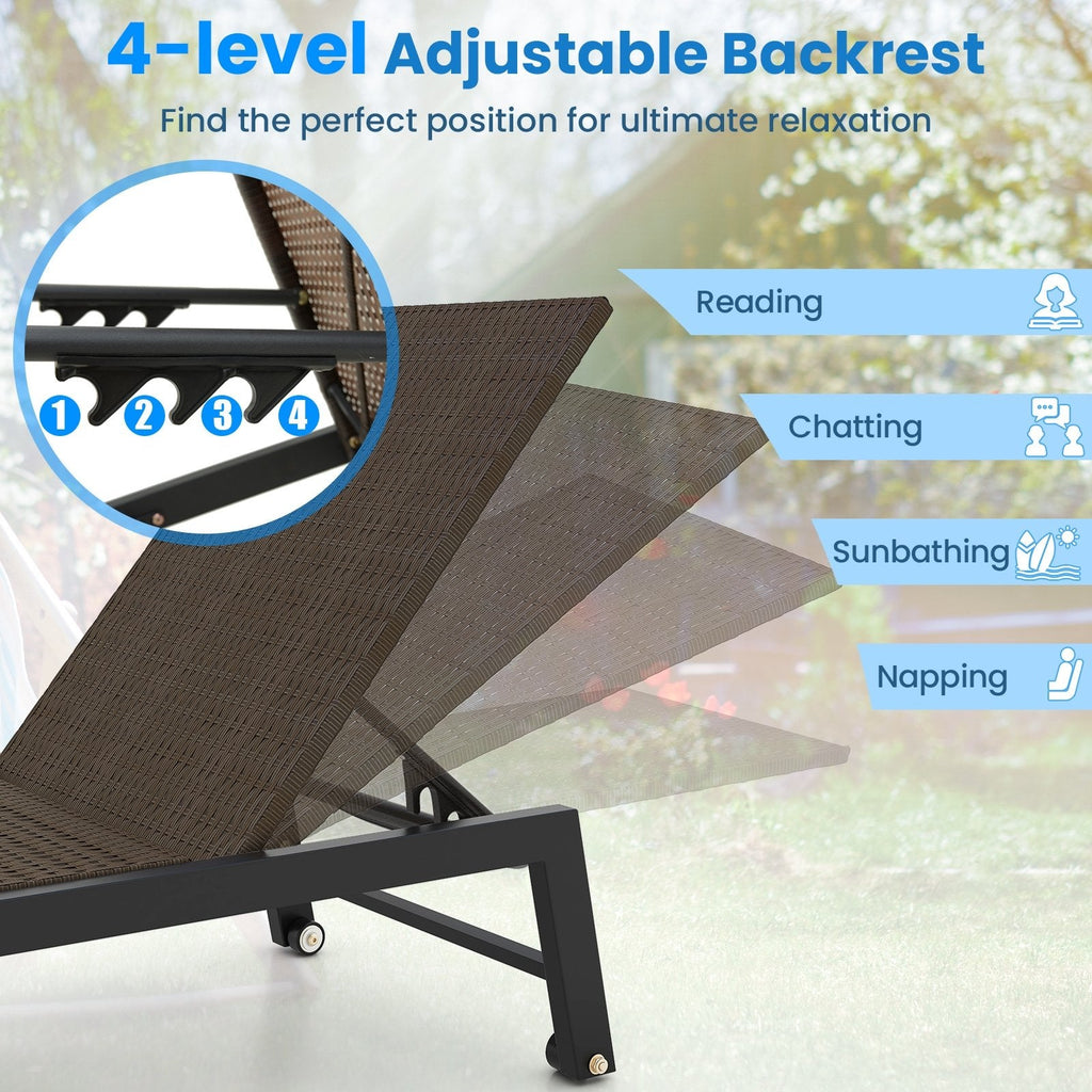 PE Wicker Chaise Lounge on Wheels with 4 Level Backrest, 400 lb Capacity