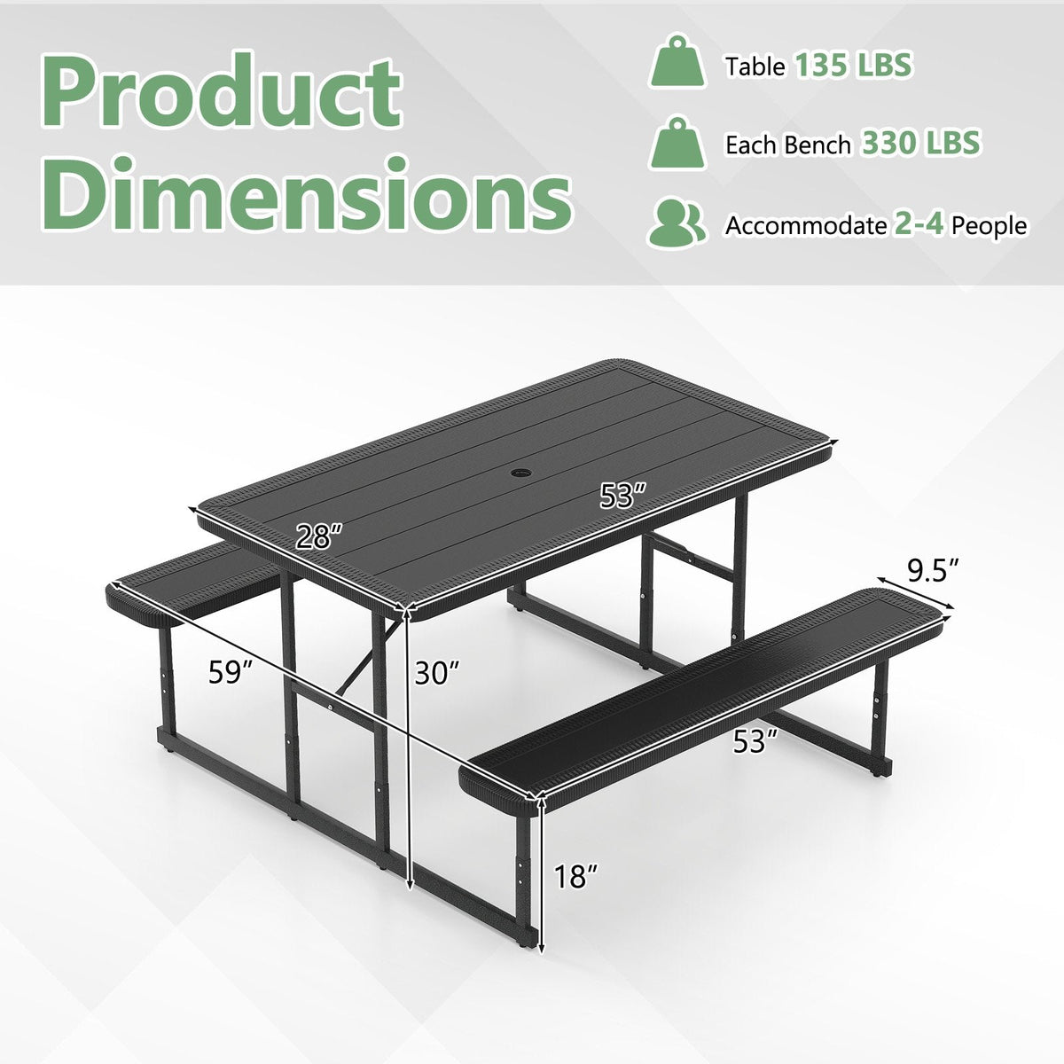 Picnic Table Bench Set for 2-4 People Outdoor Rectangular Camping Dining Table-Black