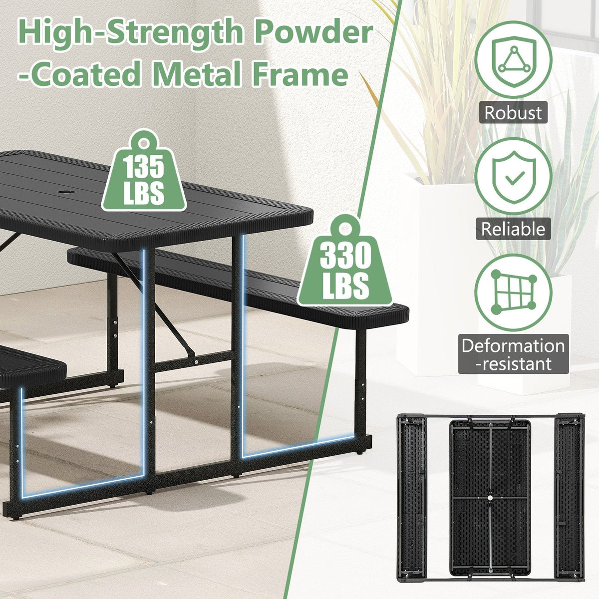 Picnic Table Bench Set for 2-4 People Outdoor Rectangular Camping Dining Table-Black