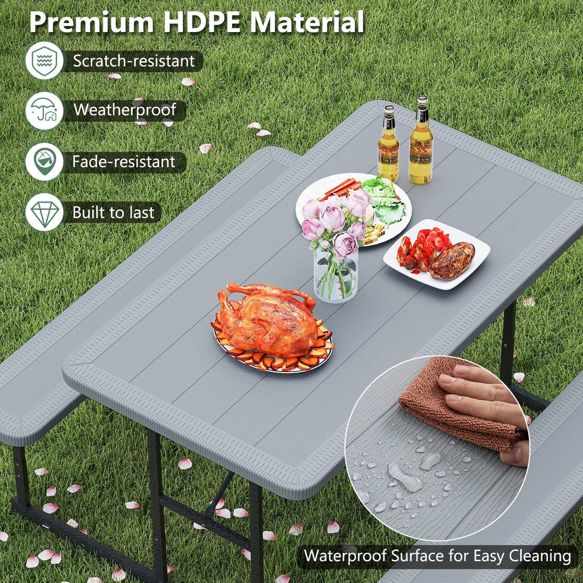 Picnic Table Bench Set for 2-4 People Outdoor Rectangular Camping Dining Table-Gray