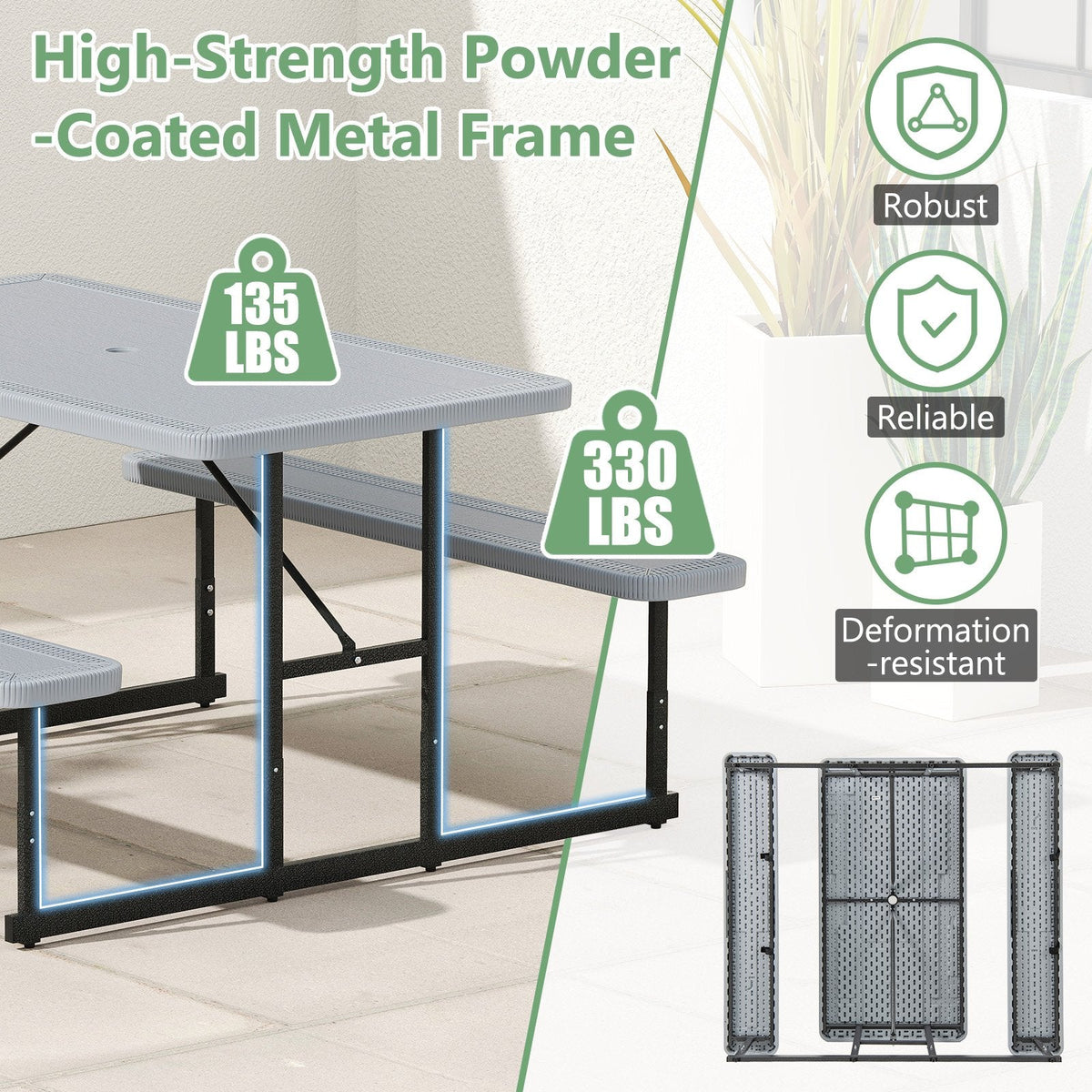 Picnic Table Bench Set for 2-4 People Outdoor Rectangular Camping Dining Table-Gray