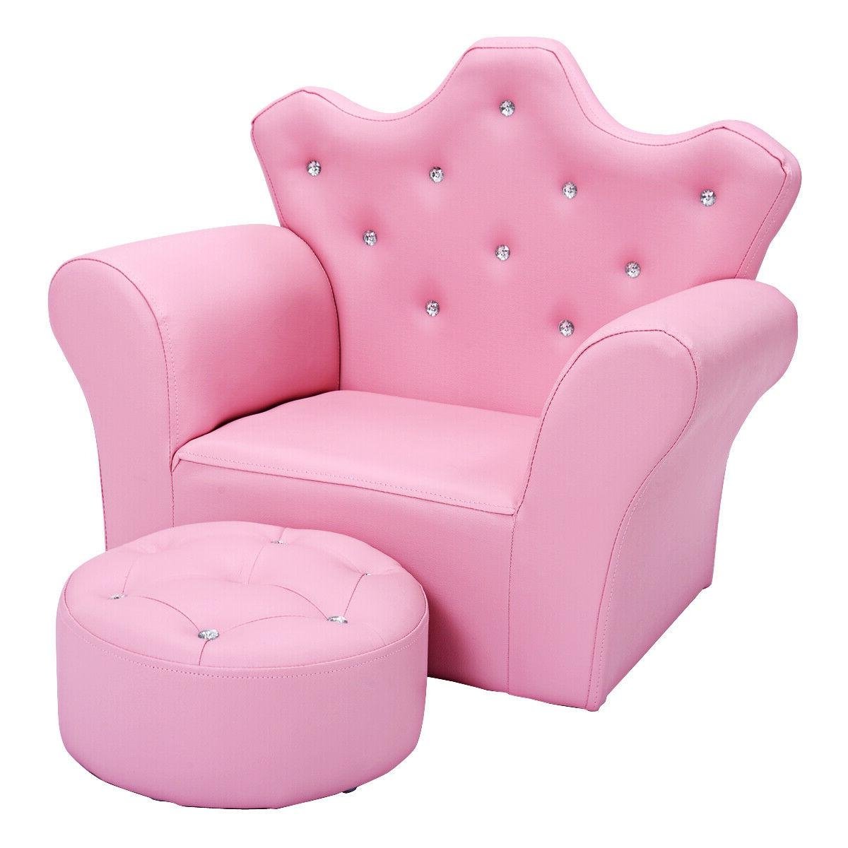 Kids Upholstered Princess Chair with Ottoman, Crown Back in Pink