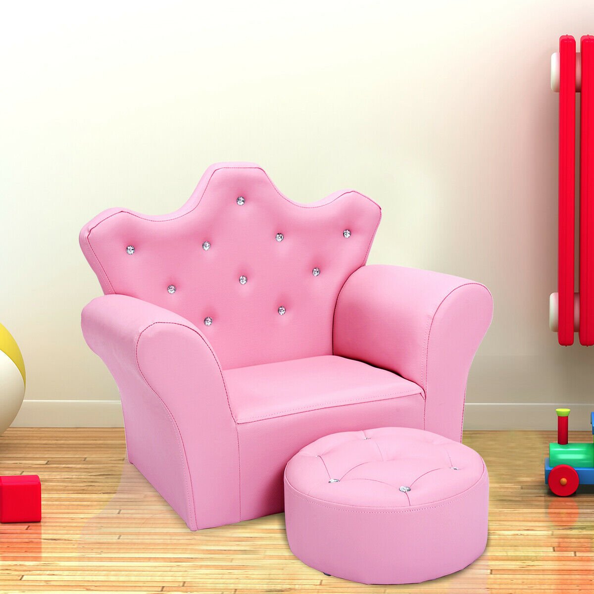 Kids Upholstered Princess Chair with Ottoman, Crown Back in Pink