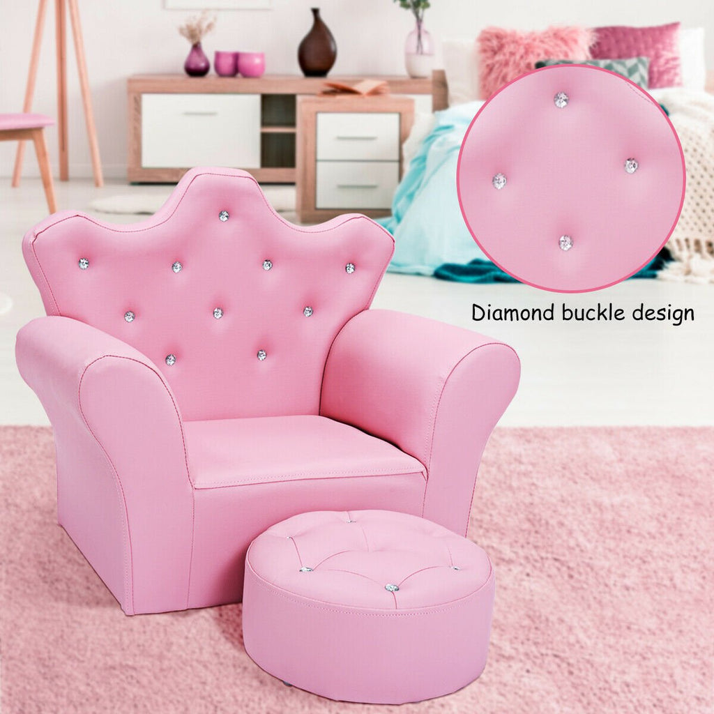Kids Upholstered Princess Chair with Ottoman, Crown Back in Pink