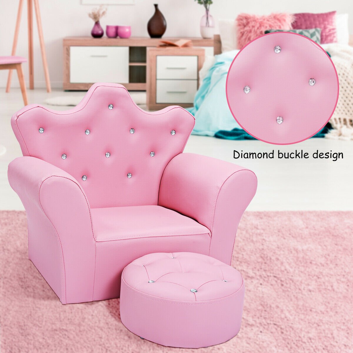 Kids Upholstered Princess Chair with Ottoman, Crown Back in Pink