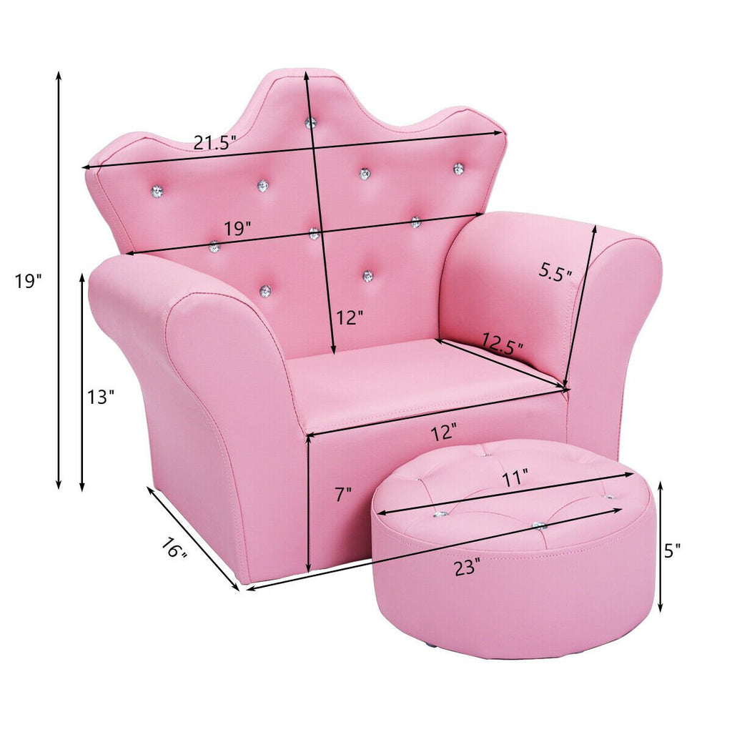 Kids Upholstered Princess Chair with Ottoman, Crown Back in Pink