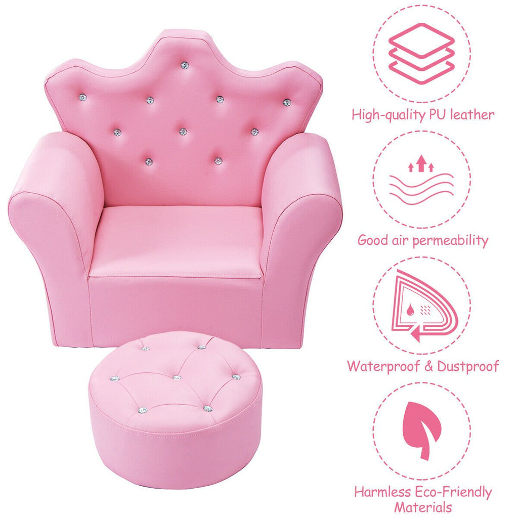 Kids Upholstered Princess Chair with Ottoman, Crown Back in Pink