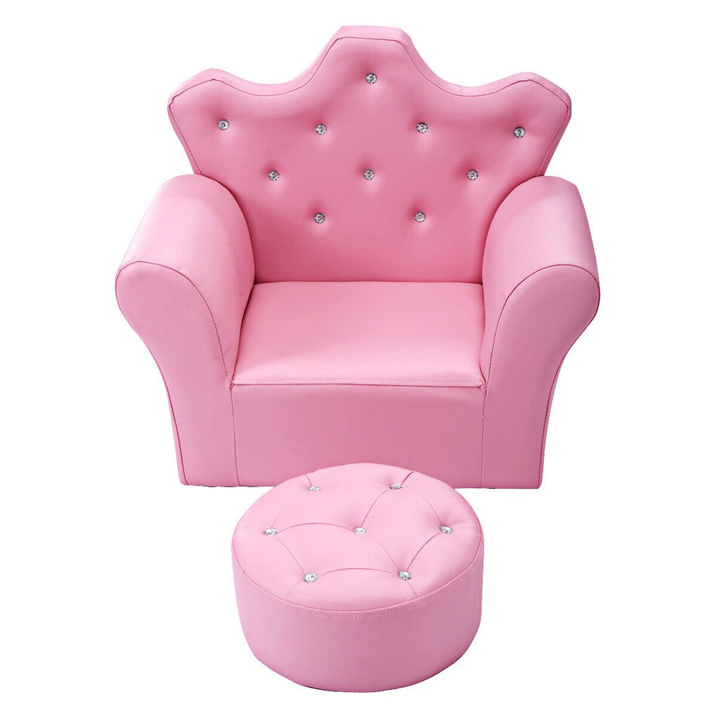Kids Upholstered Princess Chair with Ottoman, Crown Back in Pink