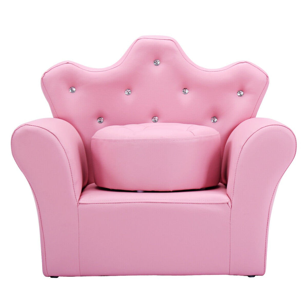 Kids Upholstered Princess Chair with Ottoman, Crown Back in Pink