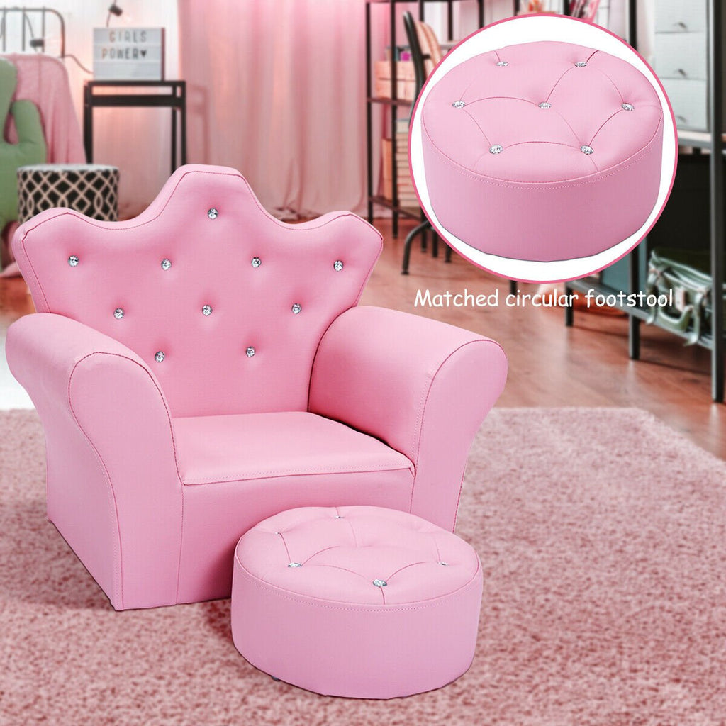Kids Upholstered Princess Chair with Ottoman, Crown Back in Pink