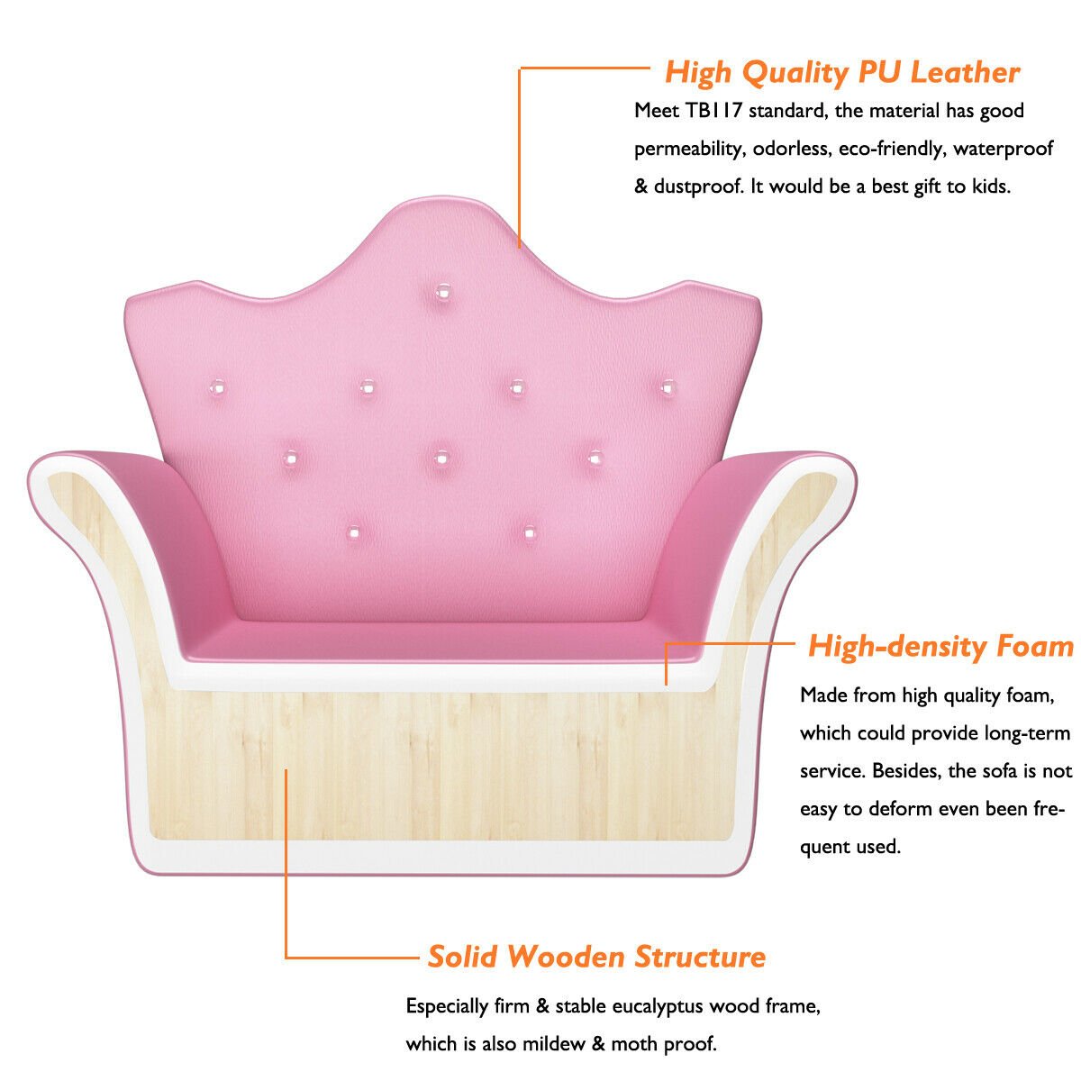 Kids Upholstered Princess Chair with Ottoman, Crown Back in Pink