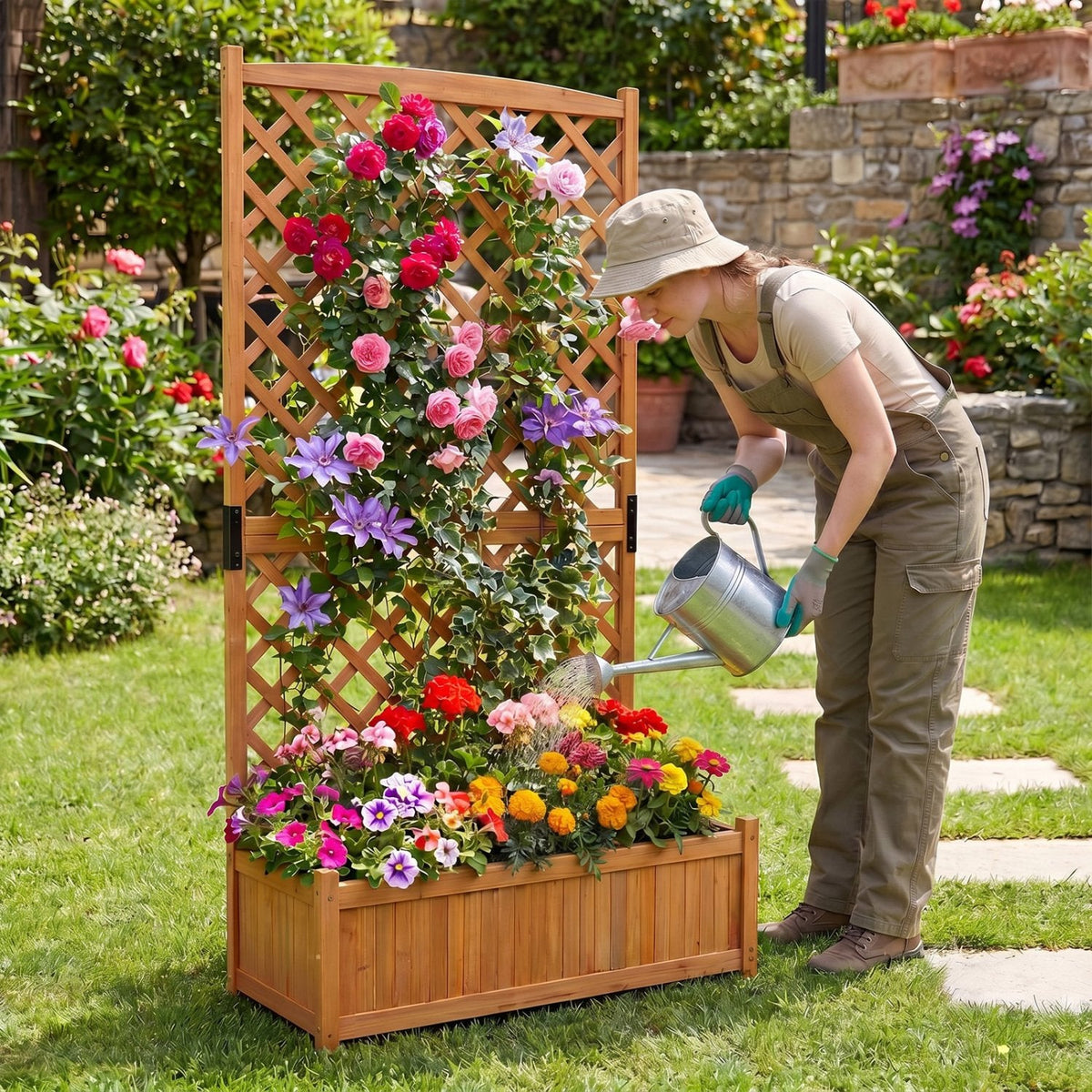 Raised Planter Bed with Tall Trellis, 71 Inch Fir Garden Bed for Climbing Plants