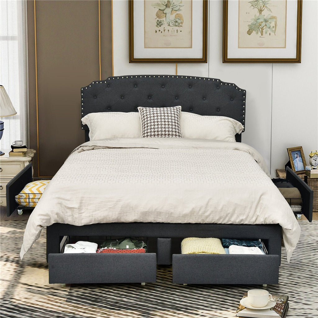 Full Size Upholstered Storage Bed with 4 Drawers and Height Adjustable Headboard, Grey