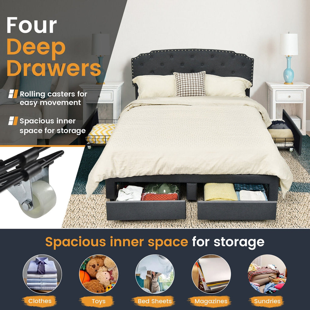 Full Size Upholstered Storage Bed with 4 Drawers and Height Adjustable Headboard, Grey