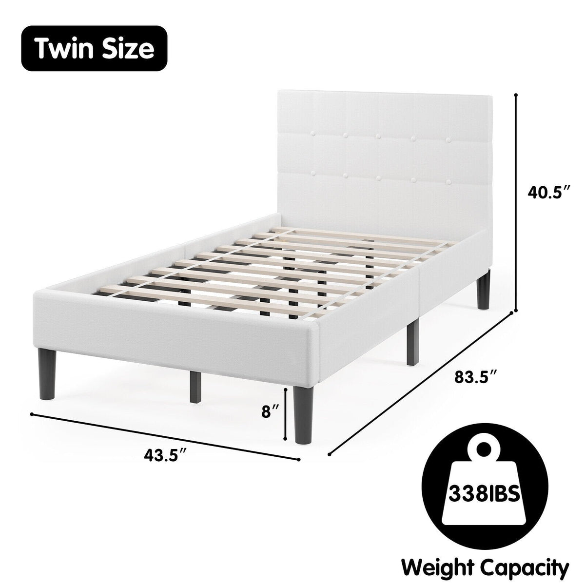 Twin Upholstered Platform Bed with Square Tufted Headboard and 10 Wood Slats