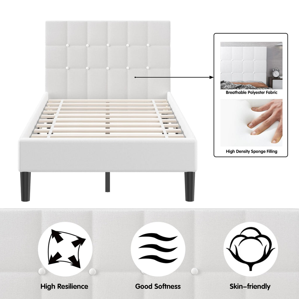 Twin Upholstered Platform Bed with Square Tufted Headboard and 10 Wood Slats