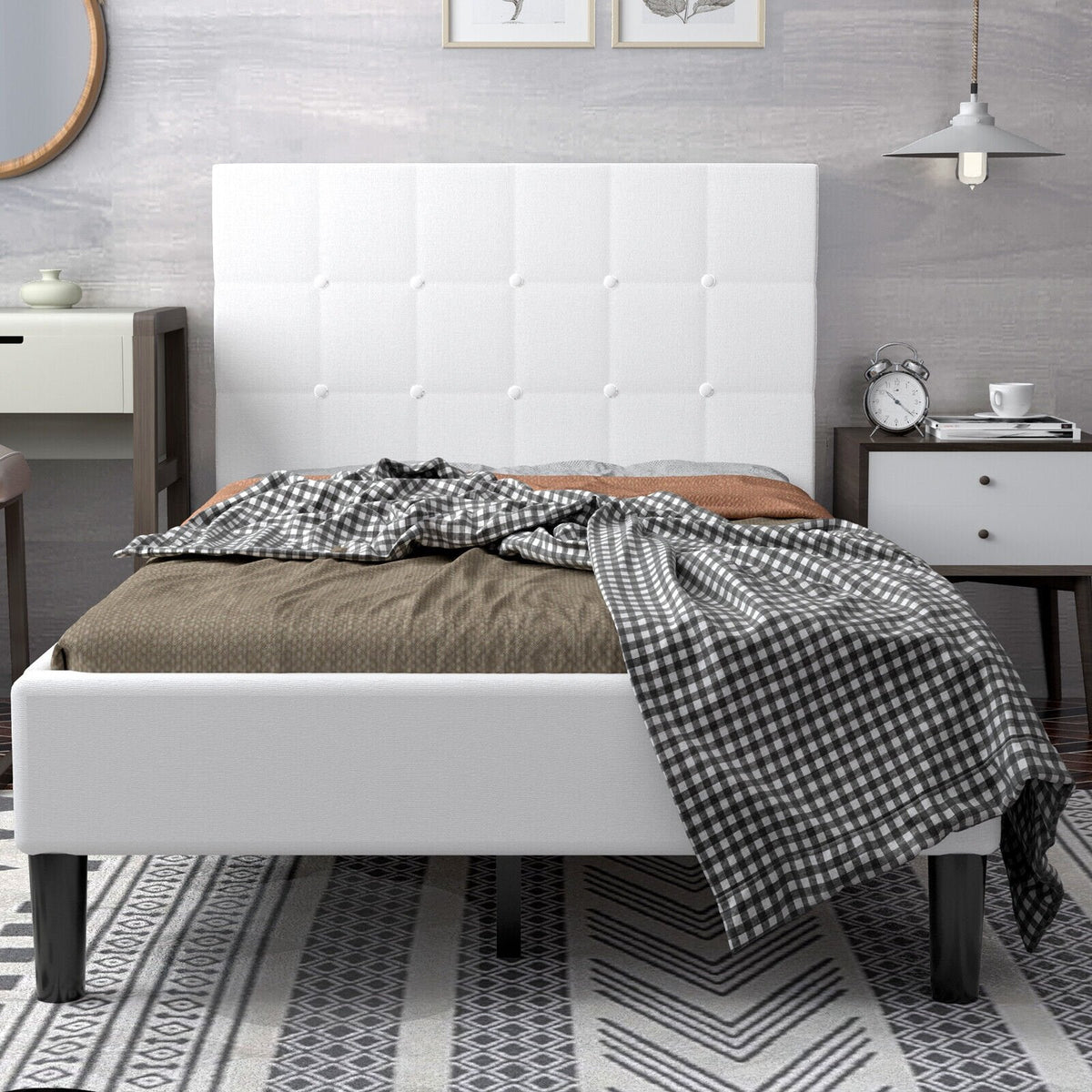 Twin Upholstered Platform Bed with Square Tufted Headboard and 10 Wood Slats