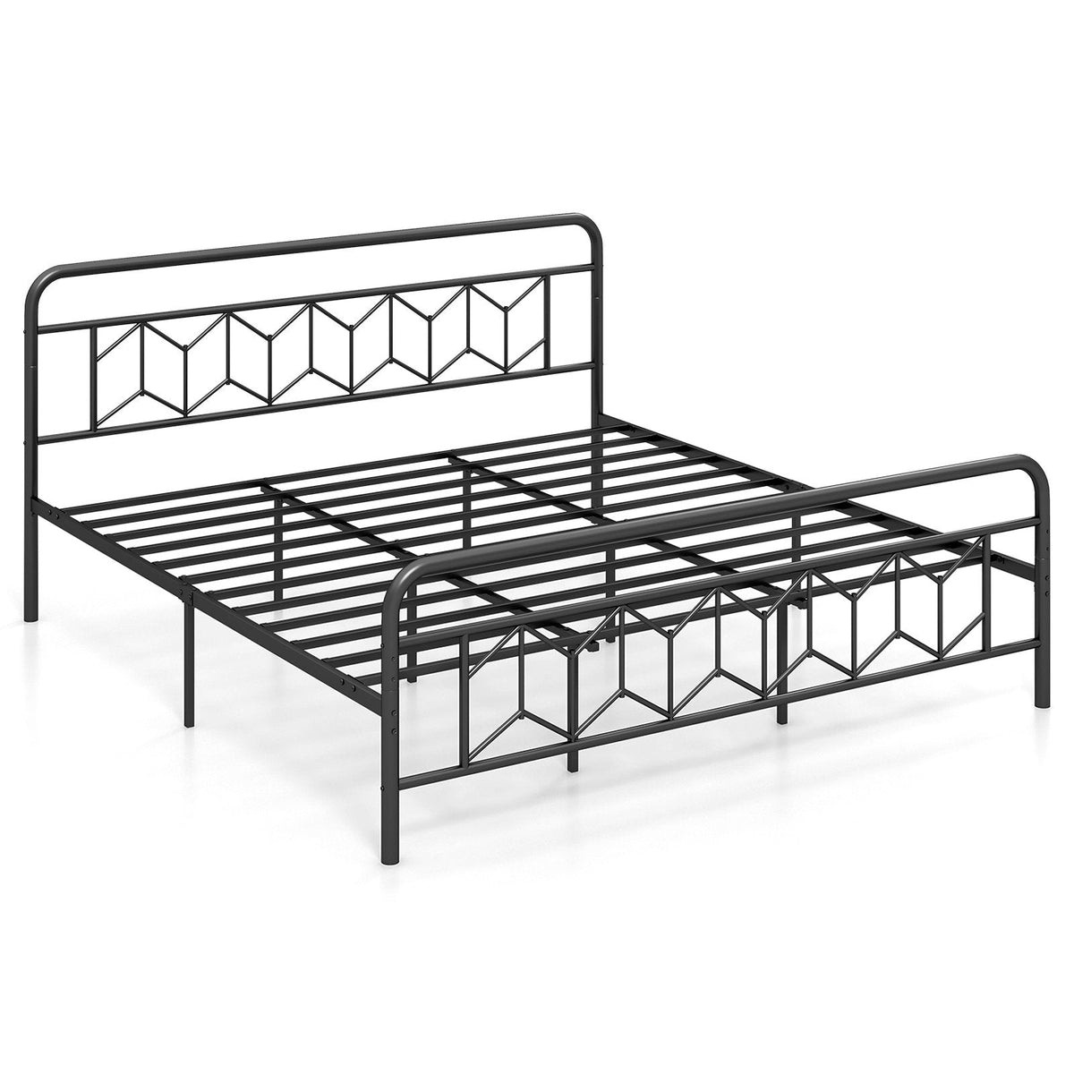 King Metal Platform Bed with 41 Inch Patterned Headboard and Snap Lock Slats