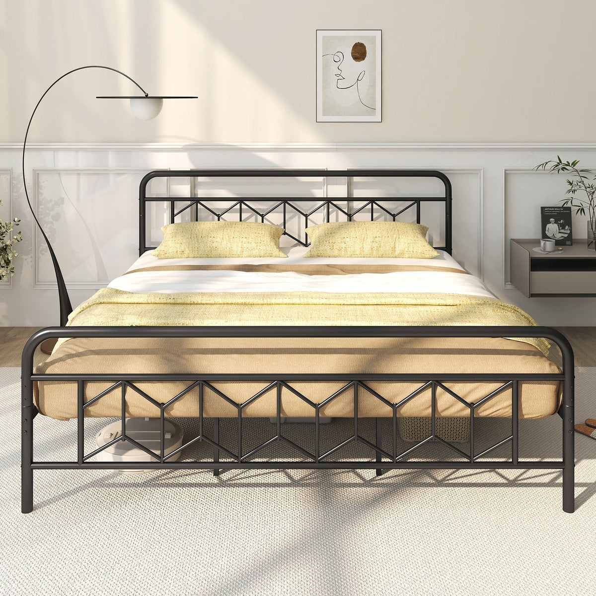 King Metal Platform Bed with 41 Inch Patterned Headboard and Snap Lock Slats