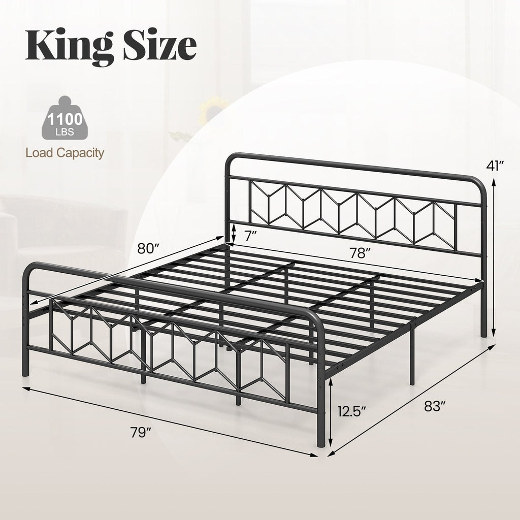 King Metal Platform Bed with 41 Inch Patterned Headboard and Snap Lock Slats
