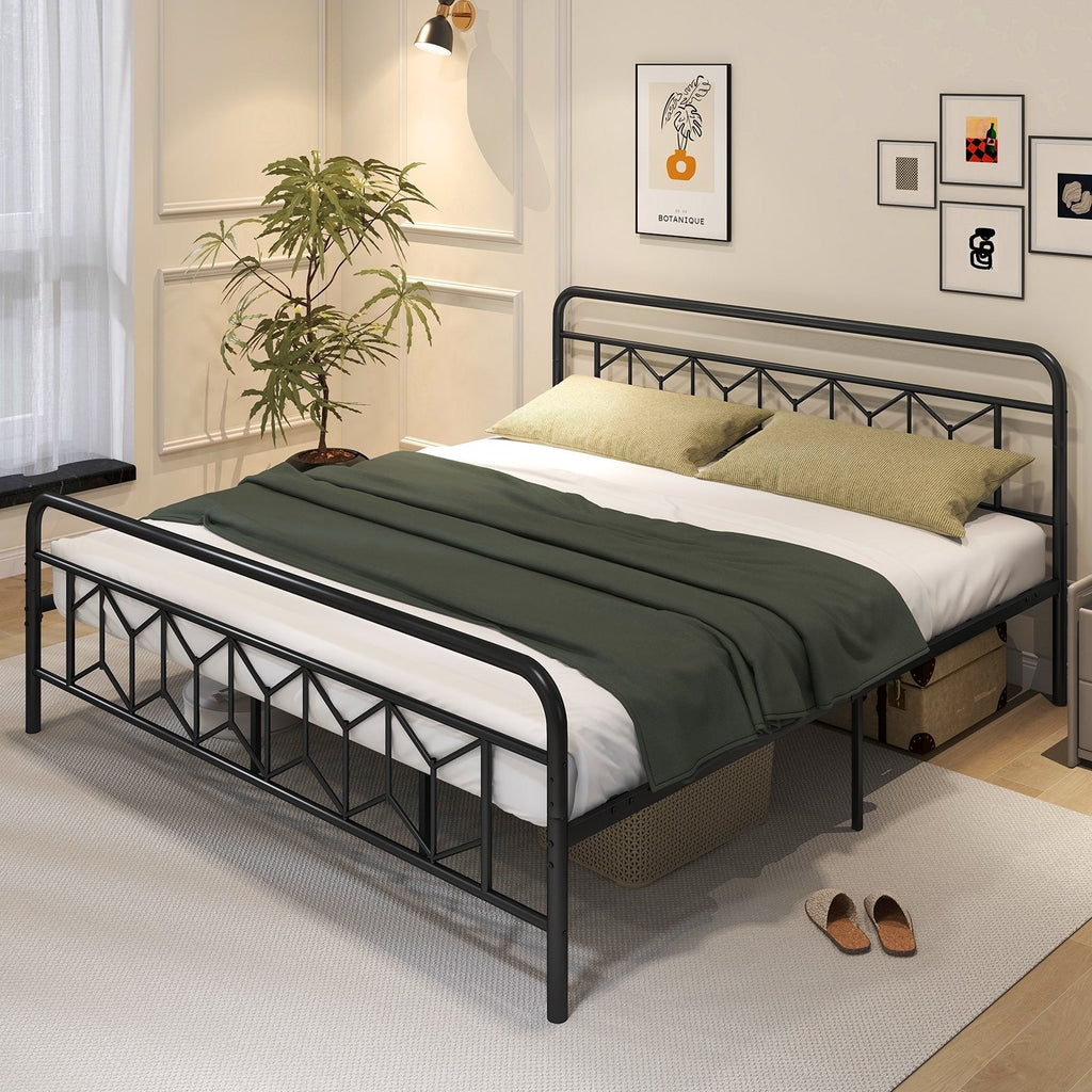 King Metal Platform Bed with 41 Inch Patterned Headboard and Snap Lock Slats