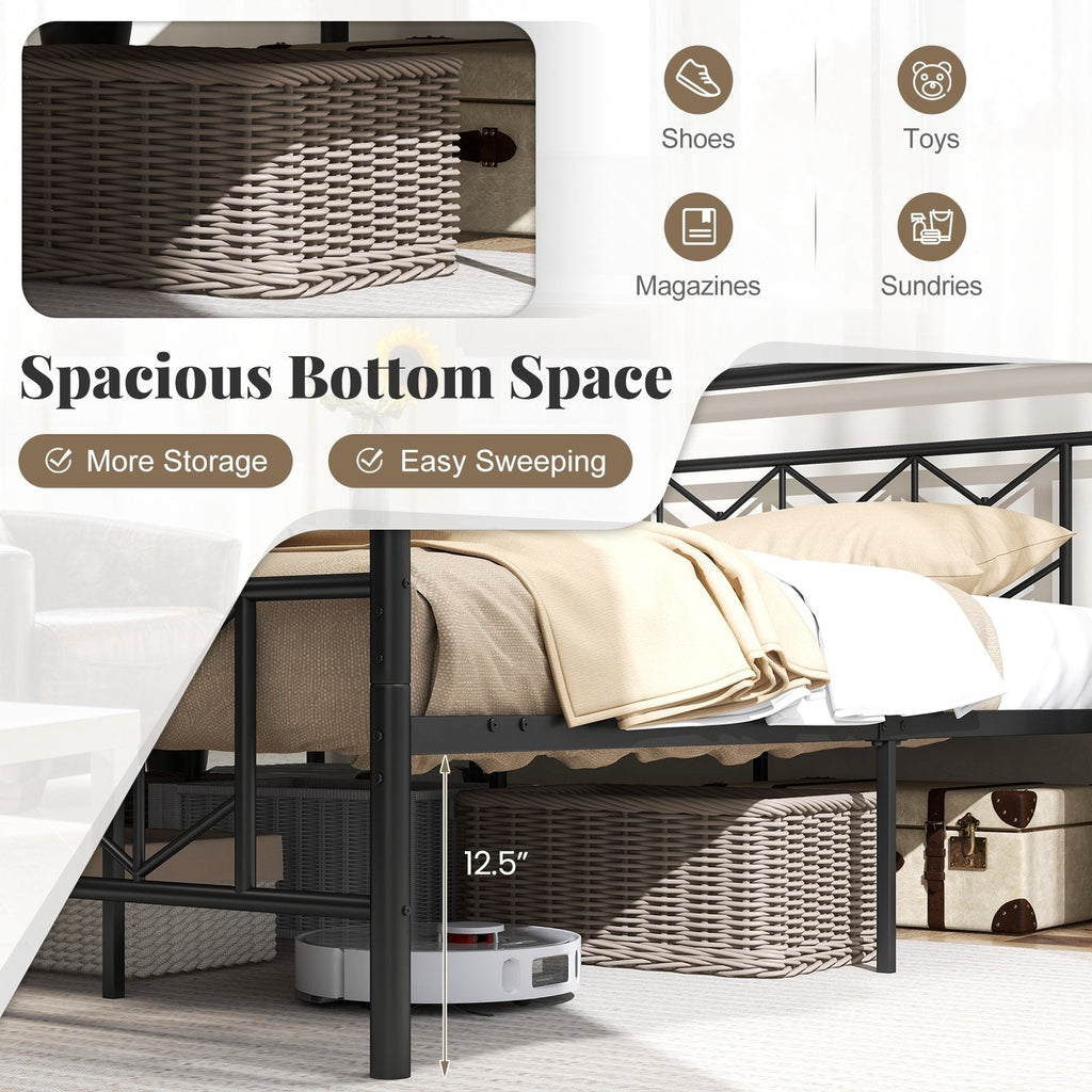 King Metal Platform Bed with 41 Inch Patterned Headboard and Snap Lock Slats