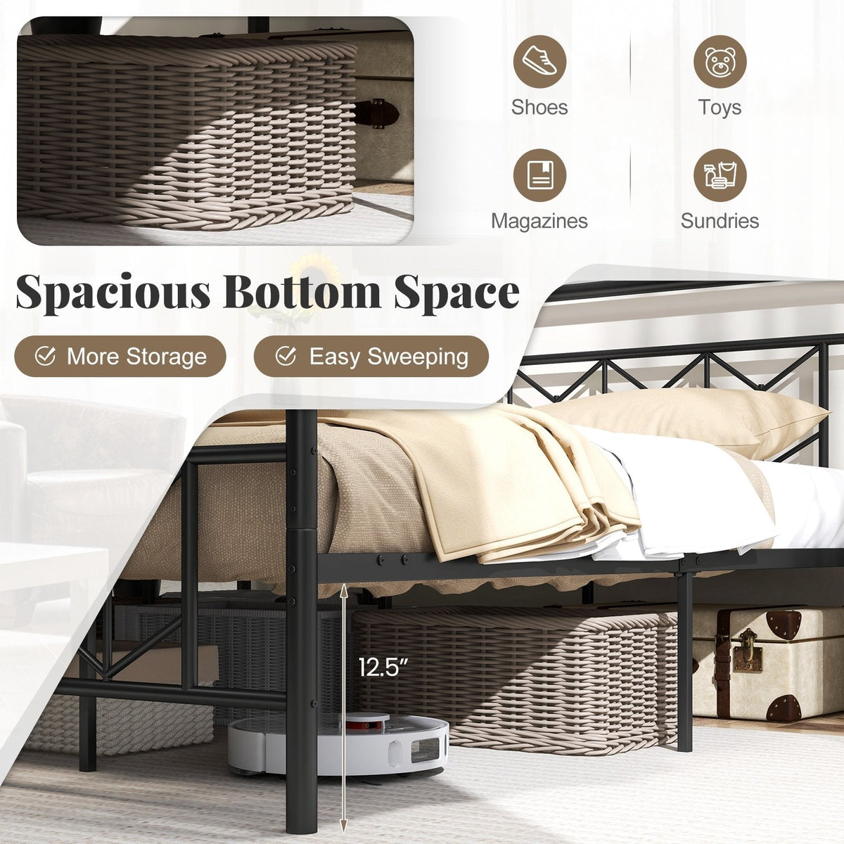 King Metal Platform Bed with 41 Inch Patterned Headboard and Snap Lock Slats