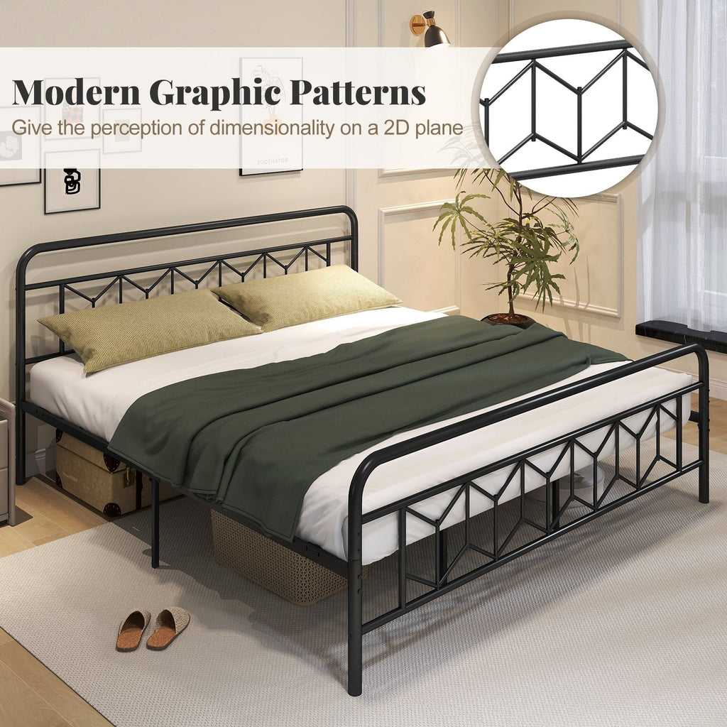King Metal Platform Bed with 41 Inch Patterned Headboard and Snap Lock Slats