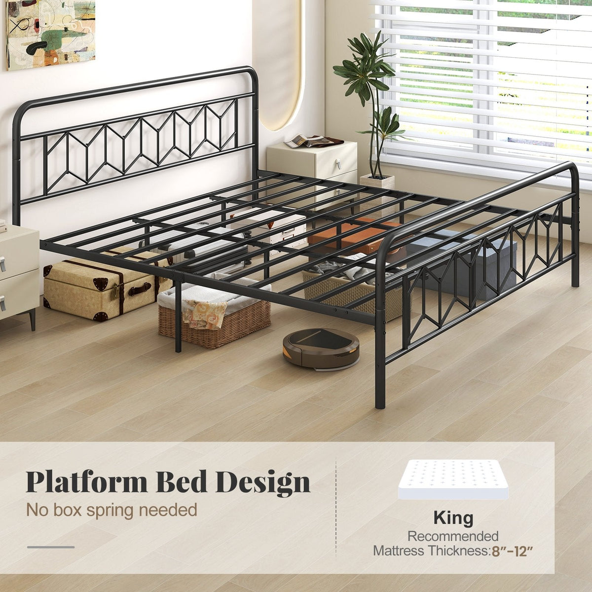 King Metal Platform Bed with 41 Inch Patterned Headboard and Snap Lock Slats