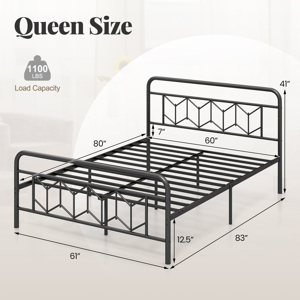 Queen Metal Platform Bed with 41 Inch Patterned Headboard and Snap Lock Slats