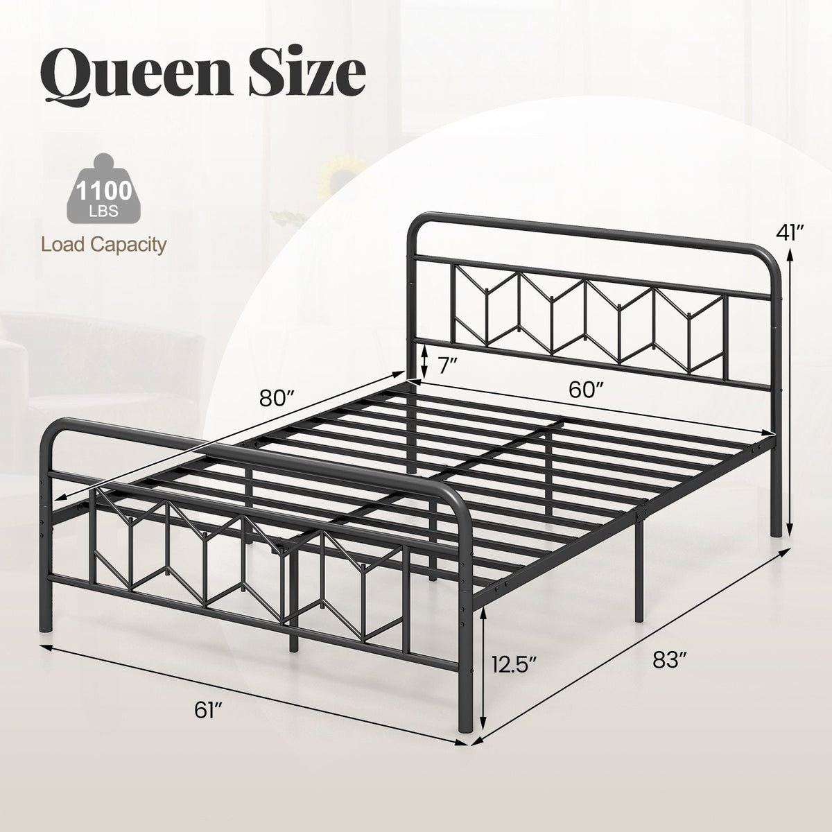 Queen Metal Platform Bed with 41 Inch Patterned Headboard and Snap Lock Slats