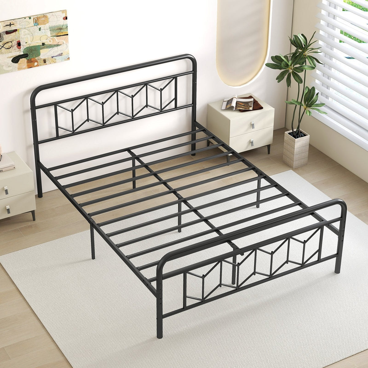 Queen Metal Platform Bed with 41 Inch Patterned Headboard and Snap Lock Slats