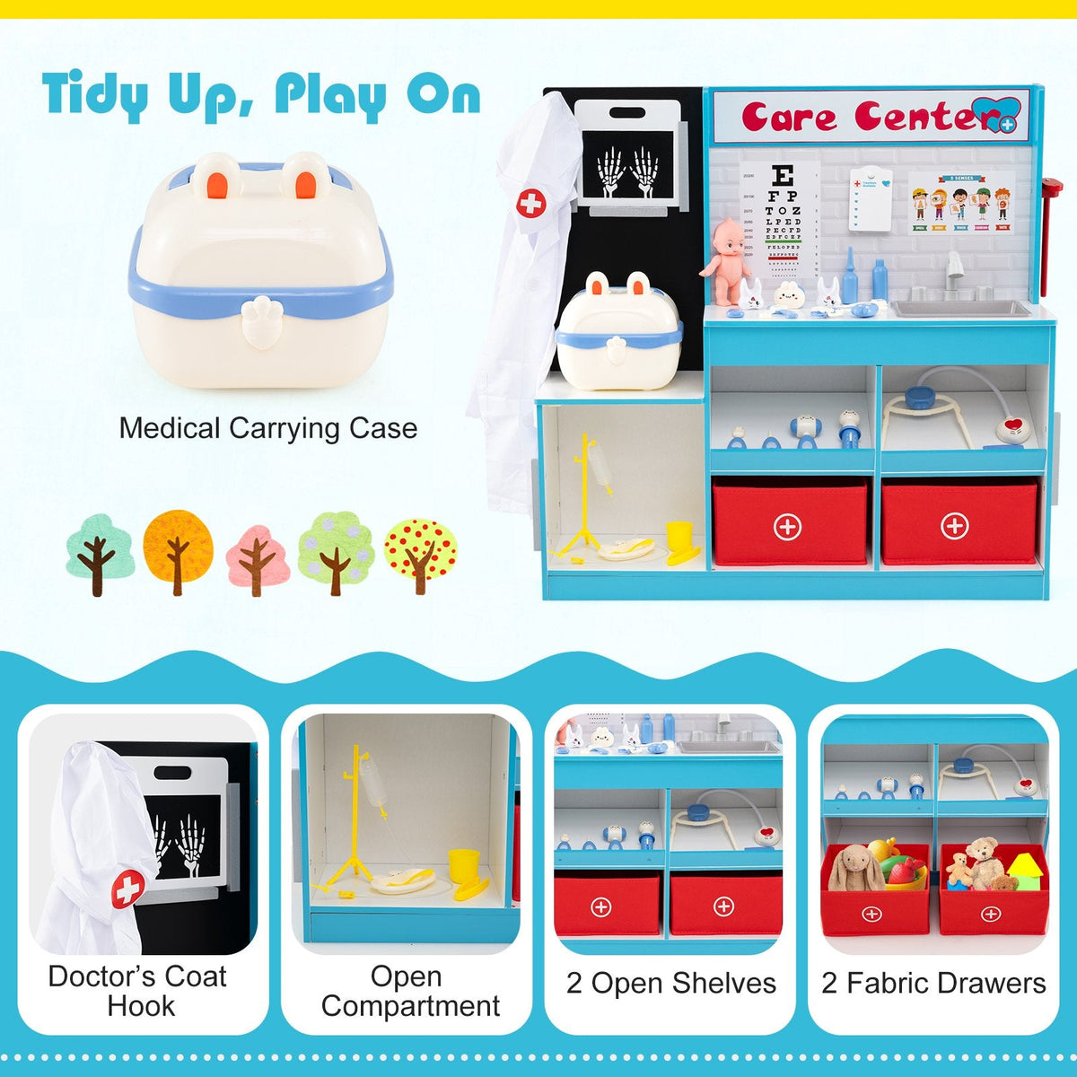 Play Doctor's Office Wood Medical Center Toy Set with Examine Region-Blue