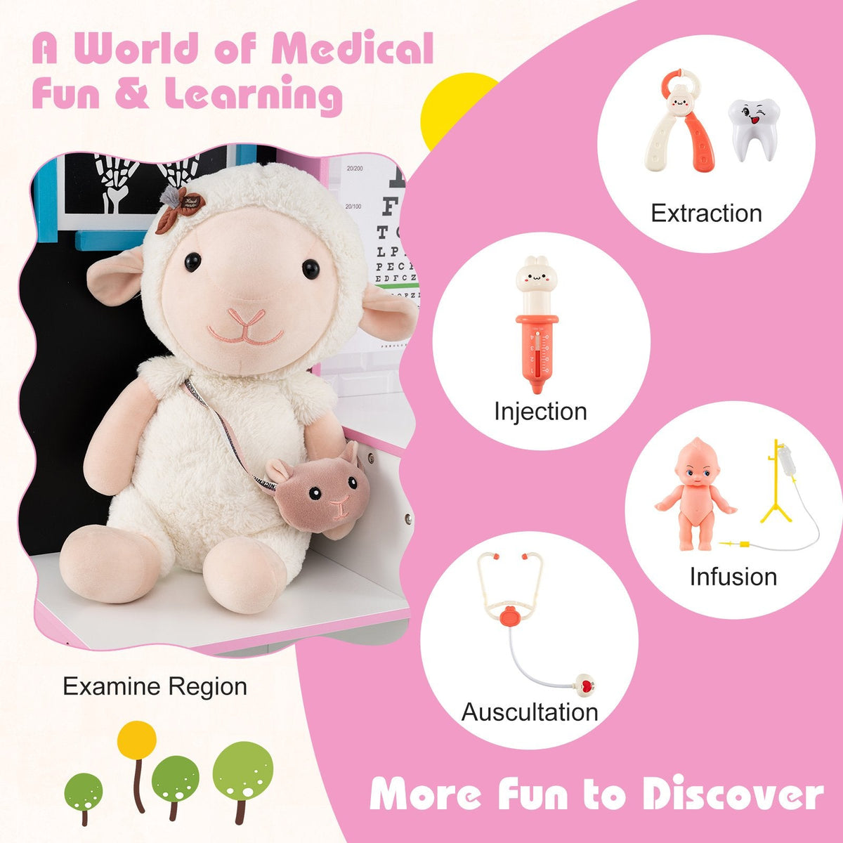 Play Doctor's Office Wood Medical Center Toy Set with Examine Region-Pink